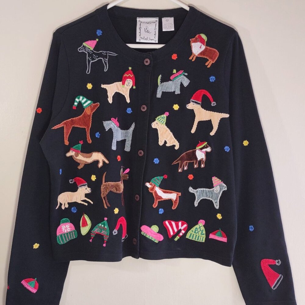 Michael Simon Dogs with Hats Embroidered Cotton Cardigan Artsy Colorful Size M/L